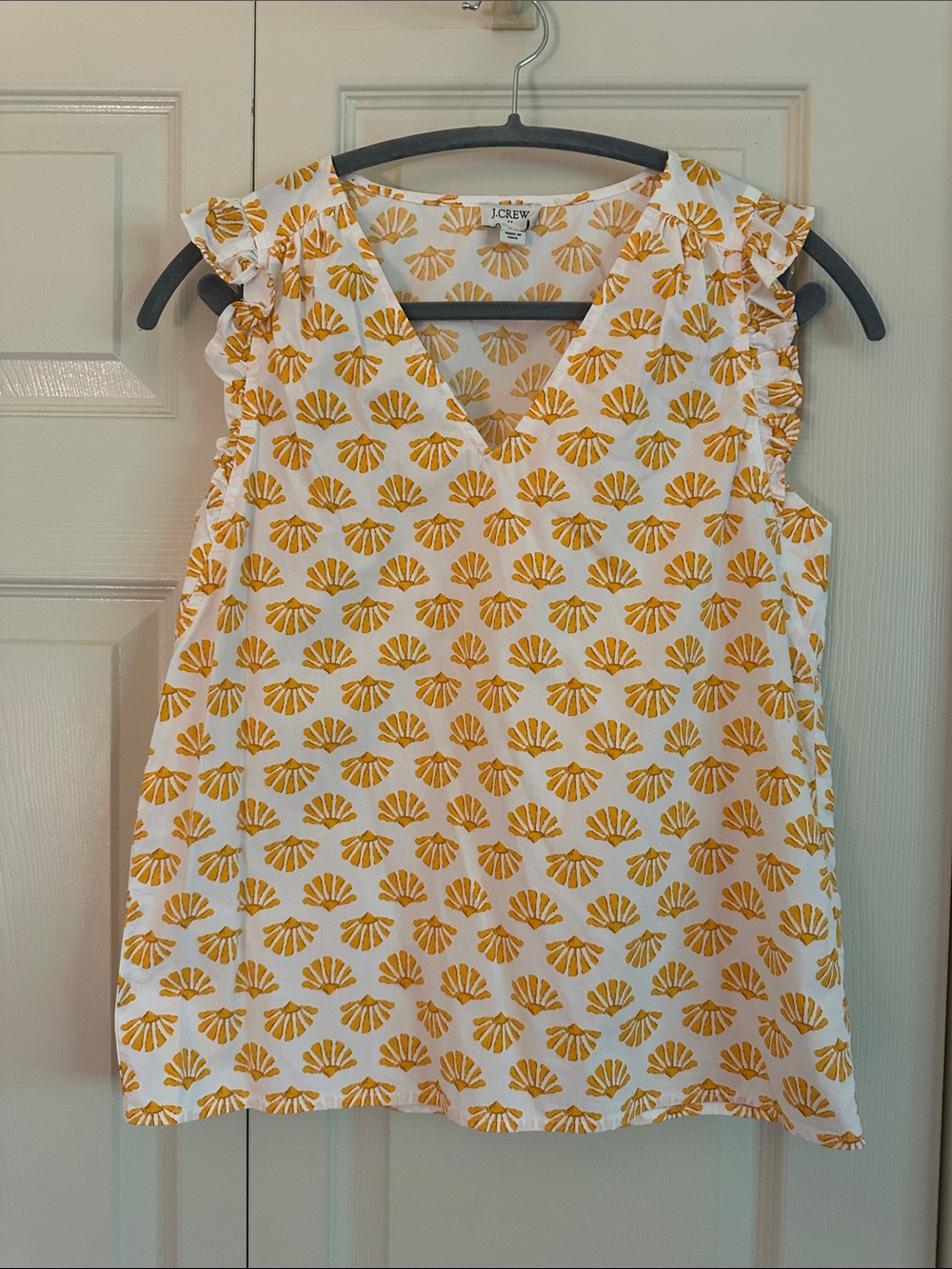 J. Crew White V-Neck Shell Top with Yellow Fan Print ruffle sleeves